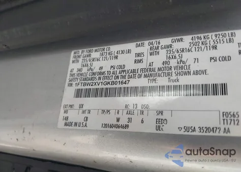 2016 Ford Transit-350 z USA, uszkodzony, nr VIN 1FTBW2XV1GKB01647